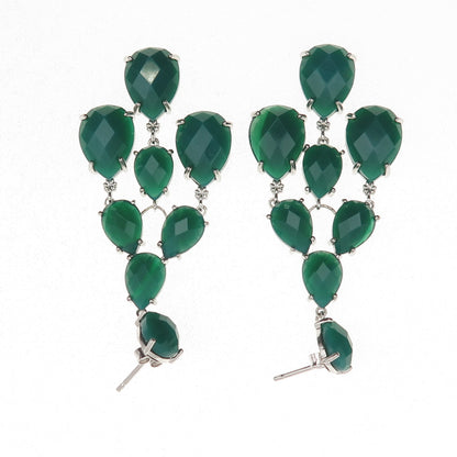 925 Sterling Silver Real Pear-Cut Green Onyx Chandelier Dangle Earrings