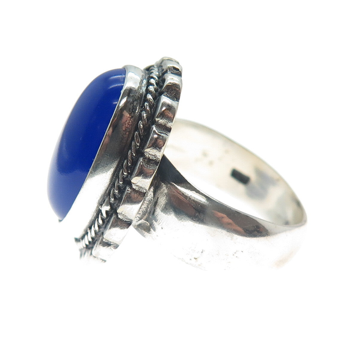 925 Sterling Silver Vintage Real Blue Chalcedony Flower Oxidized Ring Size 8.75