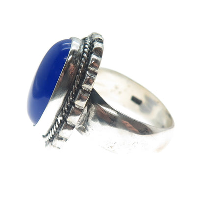 925 Sterling Silver Vintage Real Blue Chalcedony Flower Oxidized Ring Size 8.75