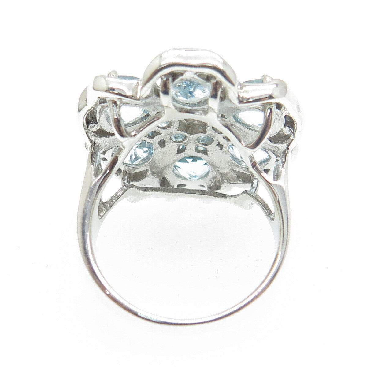 925 Sterling Silver Real Swiss & Blue Topaz Gemstone Flower Wide Ring Size 7.25