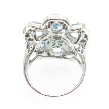 925 Sterling Silver Real Swiss & Blue Topaz Gemstone Flower Wide Ring Size 7.25