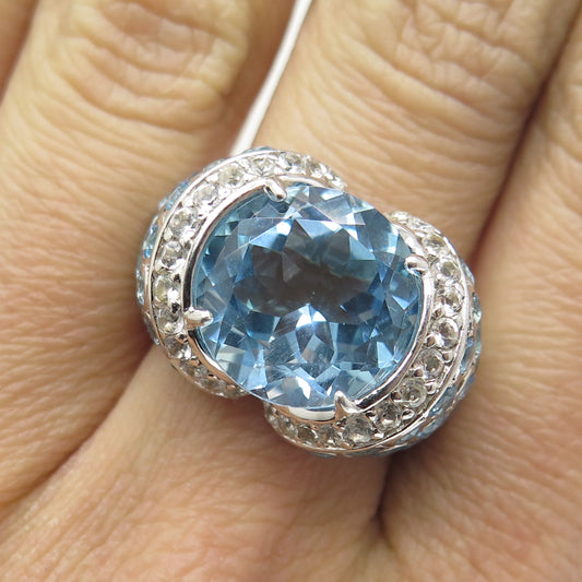 925 Sterling Silver Real Round-Cut Blue & White Topaz Ring Size 7