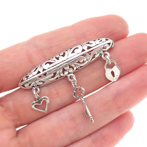 Jezlaine Sterling Silver Vintage Heart Lock Key Dangle Charm Floral Pin Brooch