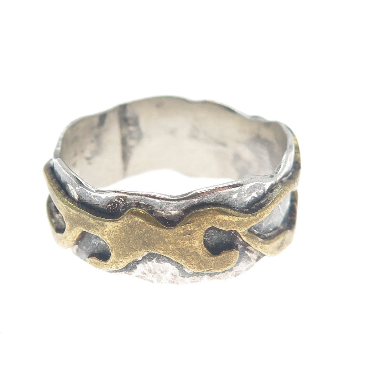 925 Sterling Silver 2-Tone Vintage Modernist Oxidized Band Ring Size 14.5
