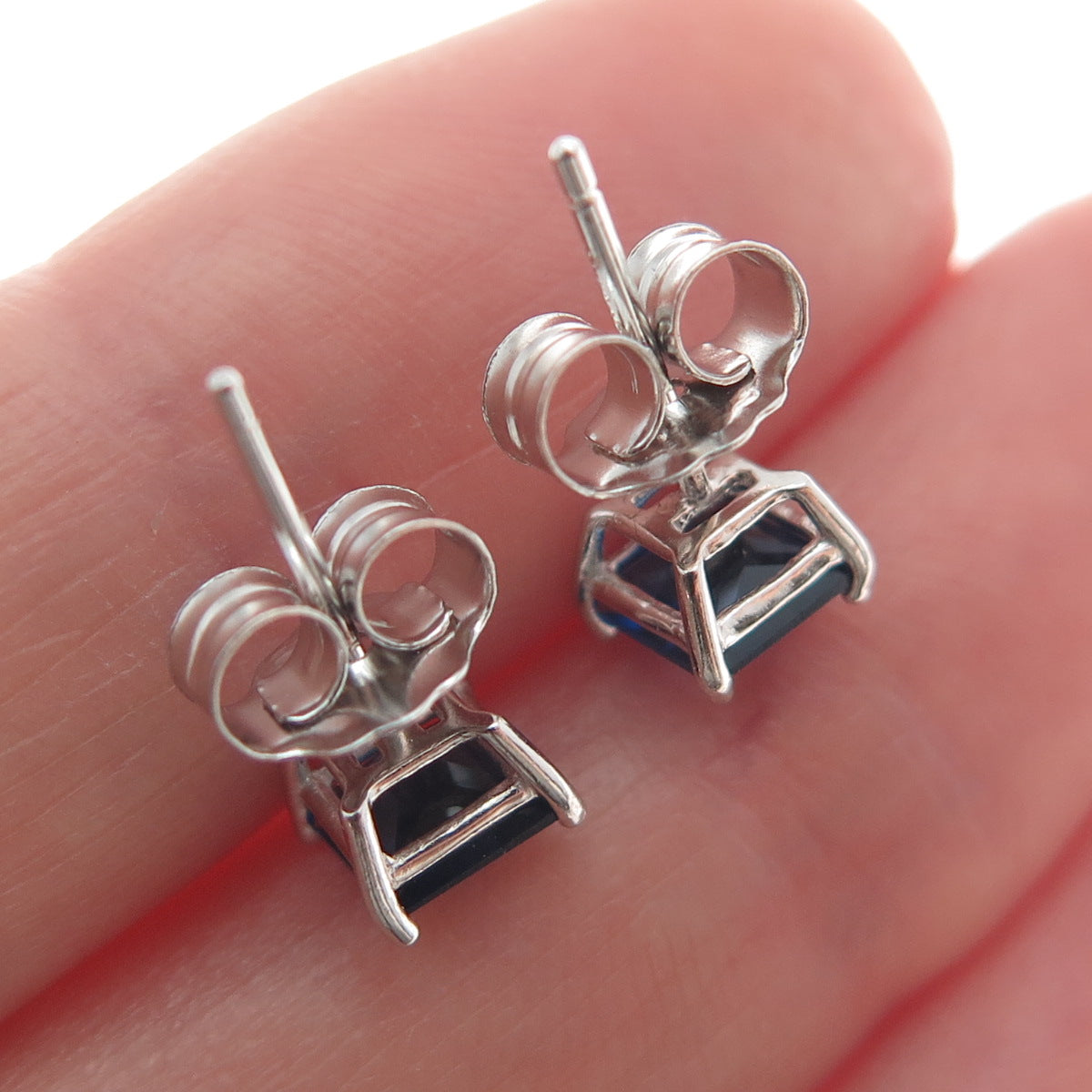 925 Sterling Silver Princess-Cut Dark Blue C Z Stud Earrings