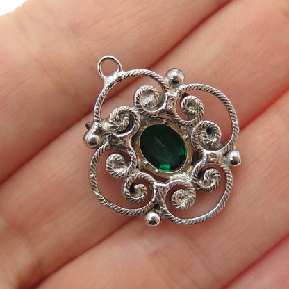 925 Sterling Silver Antique Art Deco Green Rhinestone Floral Mini Charm Pendant