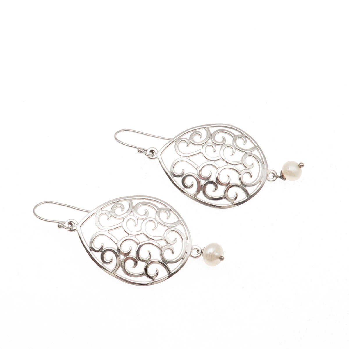 925 Sterling Silver Real Pearl Scroll Dangle Earrings