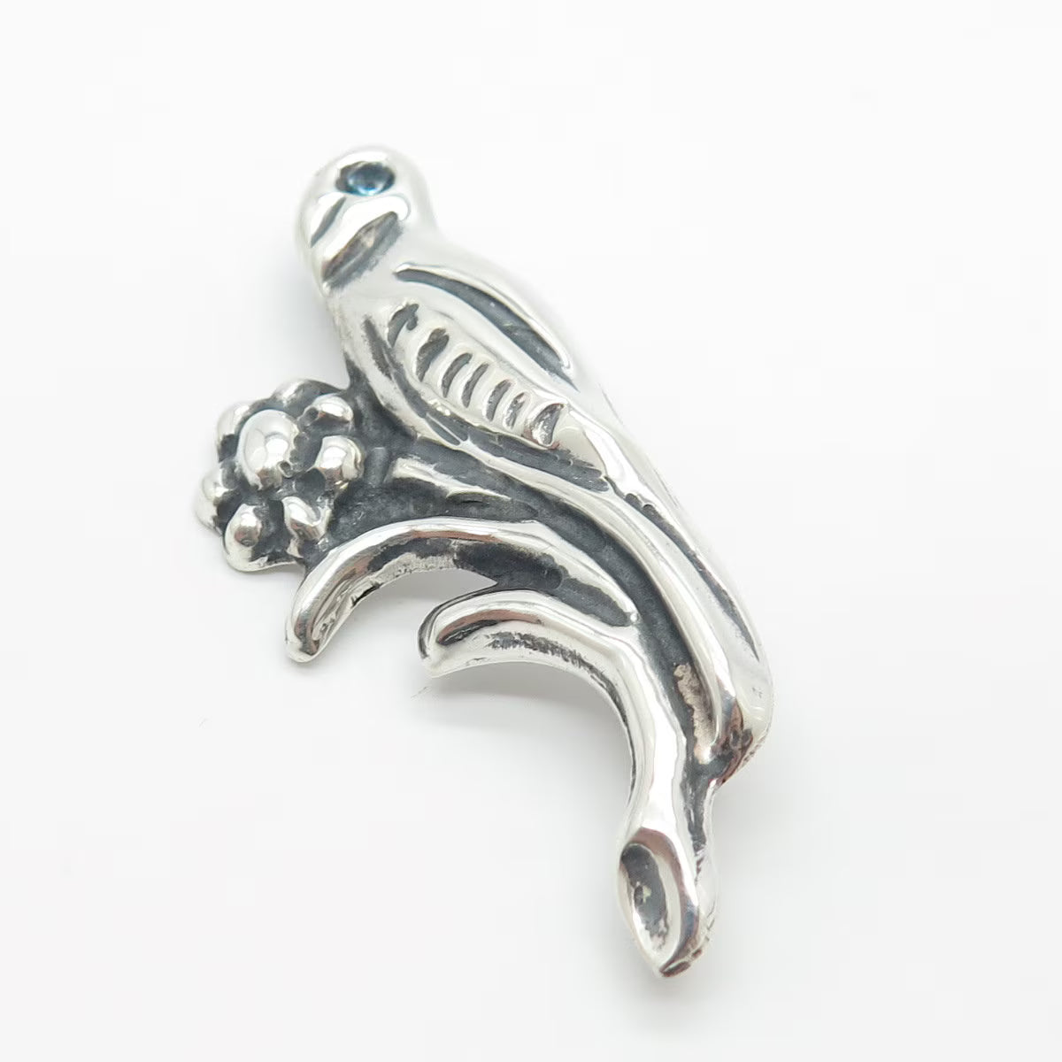 925 Sterling Silver Vintage Real Blue Topaz Gem Bird On Branch Pin Brooch