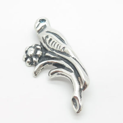 925 Sterling Silver Vintage Real Blue Topaz Gem Bird On Branch Pin Brooch