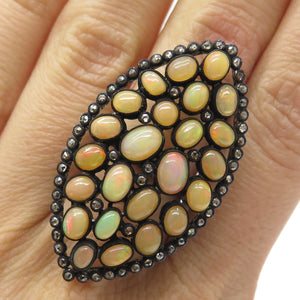 925 Sterling Silver Black Rhodium Real Diamond & Opal Cluster Ring Size 6.75