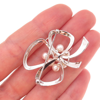 Mikimoto 925 Sterling Silver Antique Japan Real Akoya Pearl Bow Pin Brooch