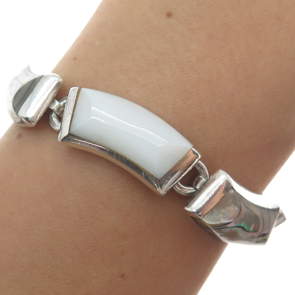 950 Silver Vintage Mexico Real Abalone Shell & MOP Modernist Bracelet 7.25"