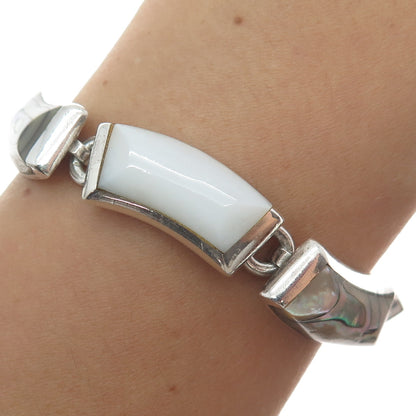 950 Silver Vintage Mexico Real Abalone Shell & MOP Modernist Bracelet 7.25"