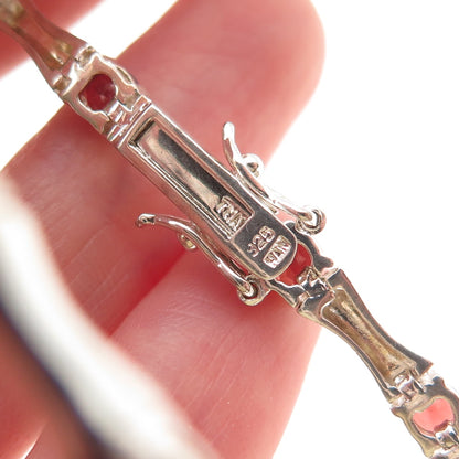 HAN 925 Sterling Silver Vintage Real Red Garnet Bamboo Link Bracelet 7.25"
