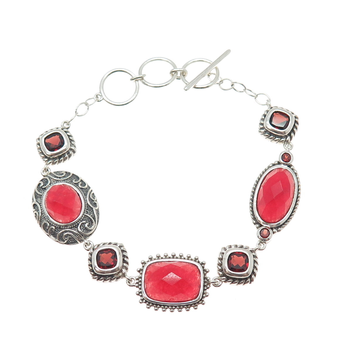 925 Sterling Silver Vintage Real Cherry Quartz & Red Garnet Bracelet 6-7.25"