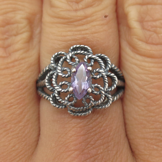 NEVADA 925 Sterling Silver Vintage Real Marquise-Cut Amethyst Floral Ring Size 7