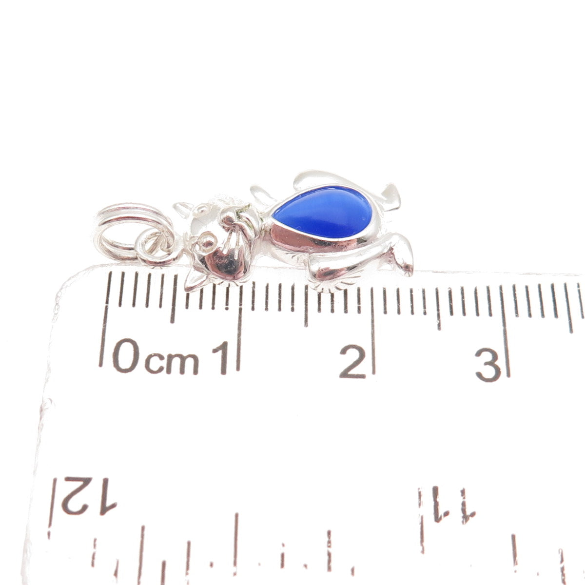 925 Sterling Silver Vintage Real Blue Chalcedony Cat Charm Pendant