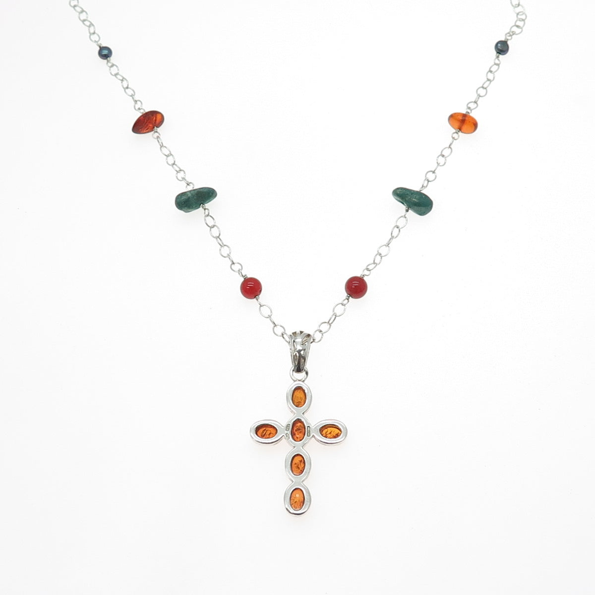 BARSE Sterling Silver Vintage Amber Pearl Carnelian Turquoise Cross Necklace 18"