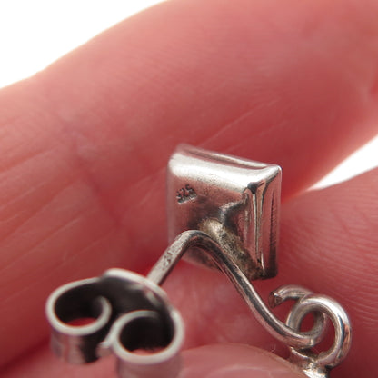 925 Sterling Silver Vintage Real Amber Modernist Oxidized Dangle Earrings