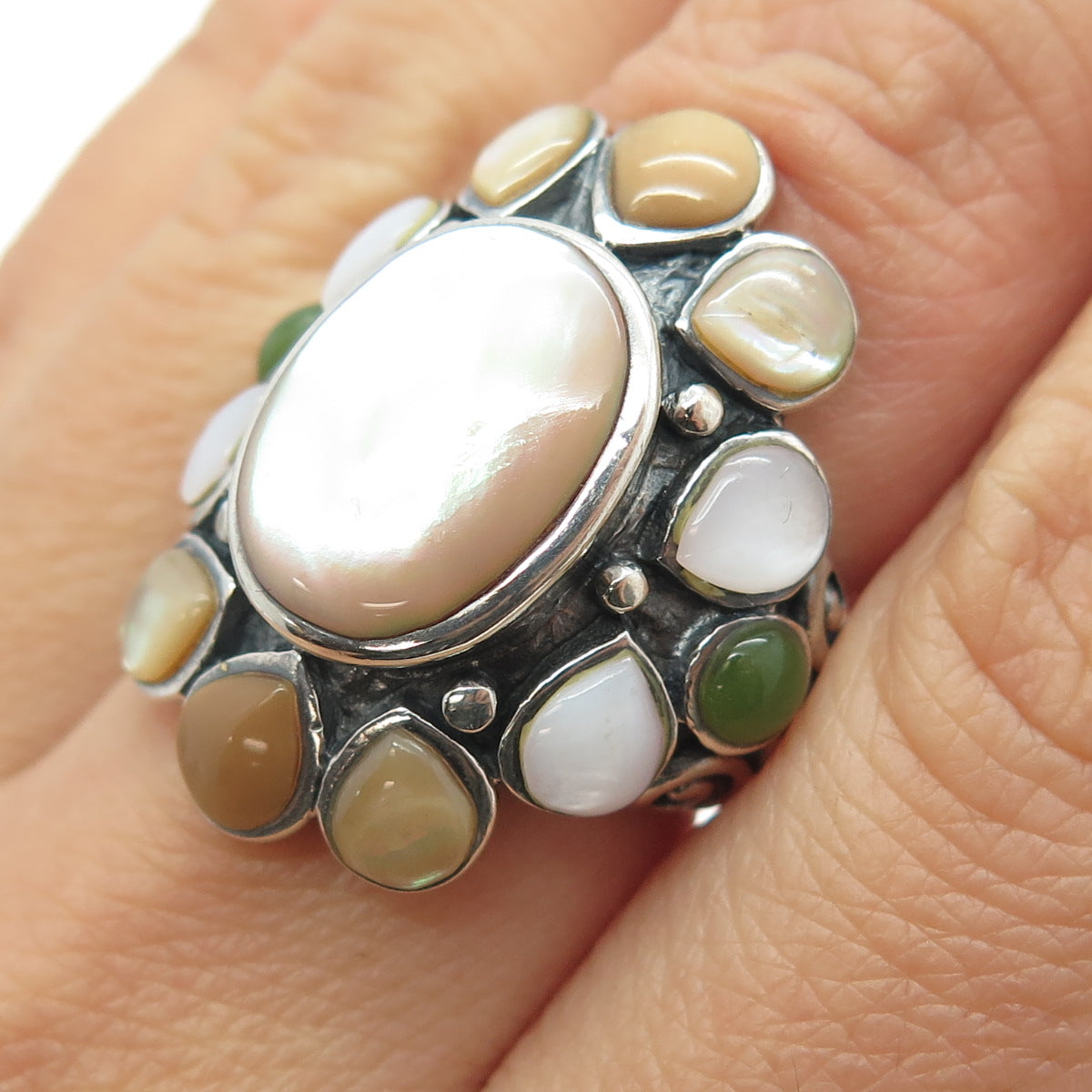 925 Sterling Silver Real Multi-Color MOP & Jade Statement Ring Size 6.75