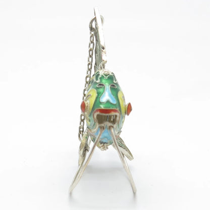 925 Sterling Silver Enamel Antique Chinese Fish Articulated Chatelaine Fob