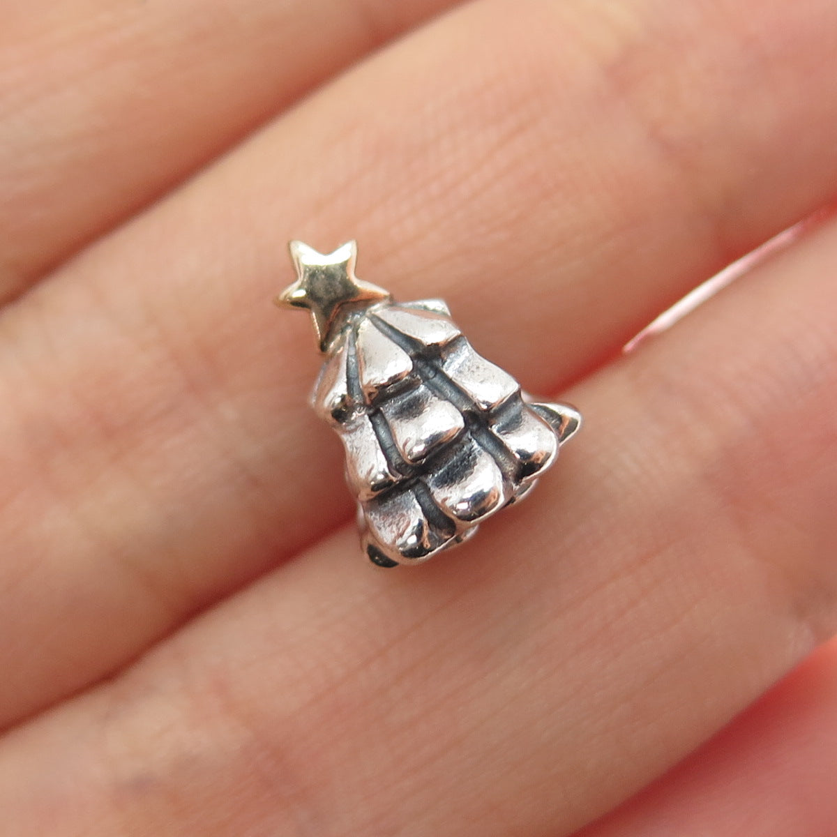 PANDORA 925 Sterling Silver & Gold Christmas Tree Slide Bead Charm