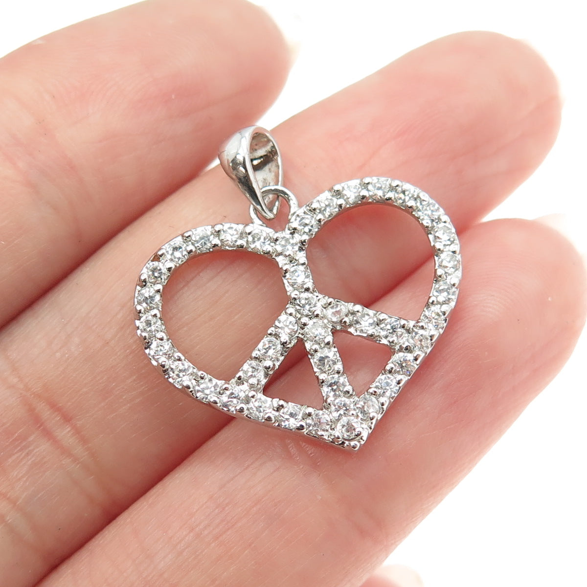 925 Sterling Silver Round-Cut Shaped C Z Symbol of Peace in Heart Pendant