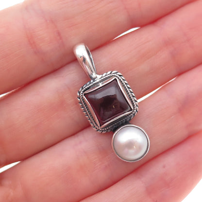 Estelle 925 Sterling Silver Vintage Real Rhodolite & Pearl Charm Pendant