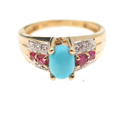 Chuck Clemency 925 Sterling Silver Gold Plated Real Turquoise & Ruby Ring Size 7