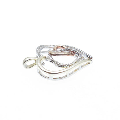 925 Sterling Silver 3-Tone Real Diamond Accent Interlocked Heart Mini Pendant