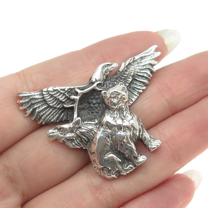 SHUBE 925 Sterling Silver Vintage American Eagle & Bear Pin Brooch