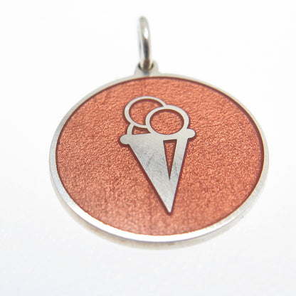925 Sterling Silver Peach Enamel Ice Cream Round Tag Minimalist Charm Pendant