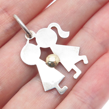 14K Gold & 925 Sterling Silver Vintage Italy Boy & Girl Kiss Charm Pendant