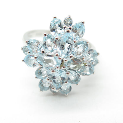 925 Sterling Silver Real Oval & Round-Cut Blue Topaz Cluster Ring Size 6.25