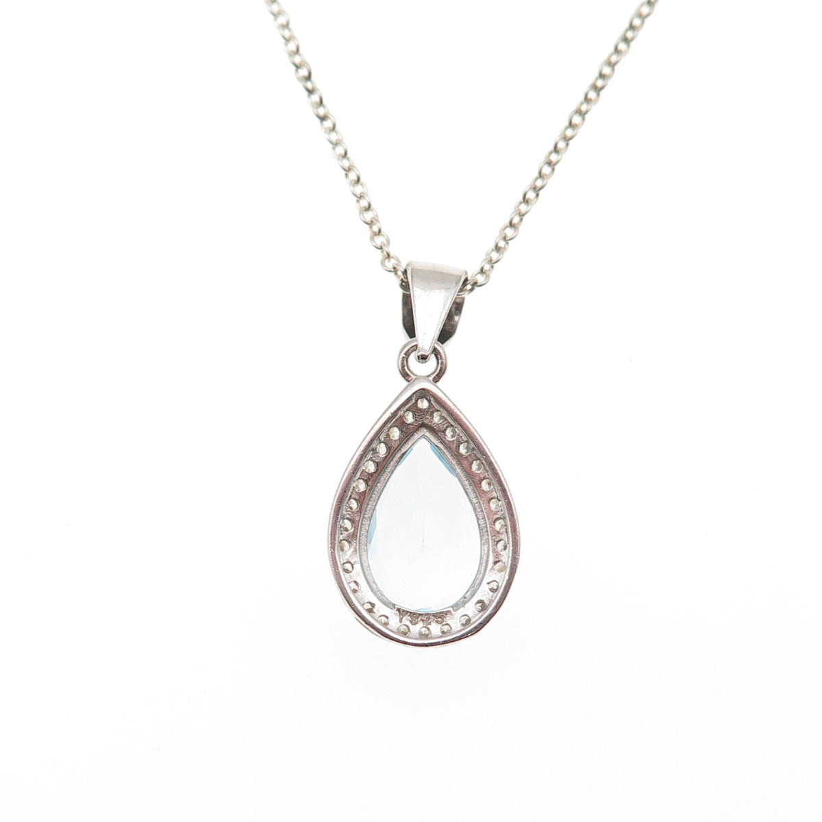 925 Sterling Silver Real Blue Topaz & C Z Teardrop Cable Chain Necklace 18"