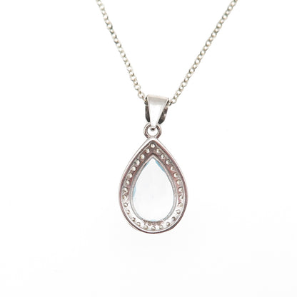 925 Sterling Silver Real Blue Topaz & C Z Teardrop Cable Chain Necklace 18"