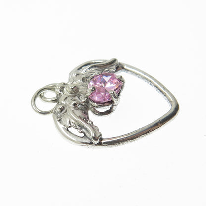 925 Sterling Silver Vintage Oval-Cut Pink C Z Flower Heart Pendant