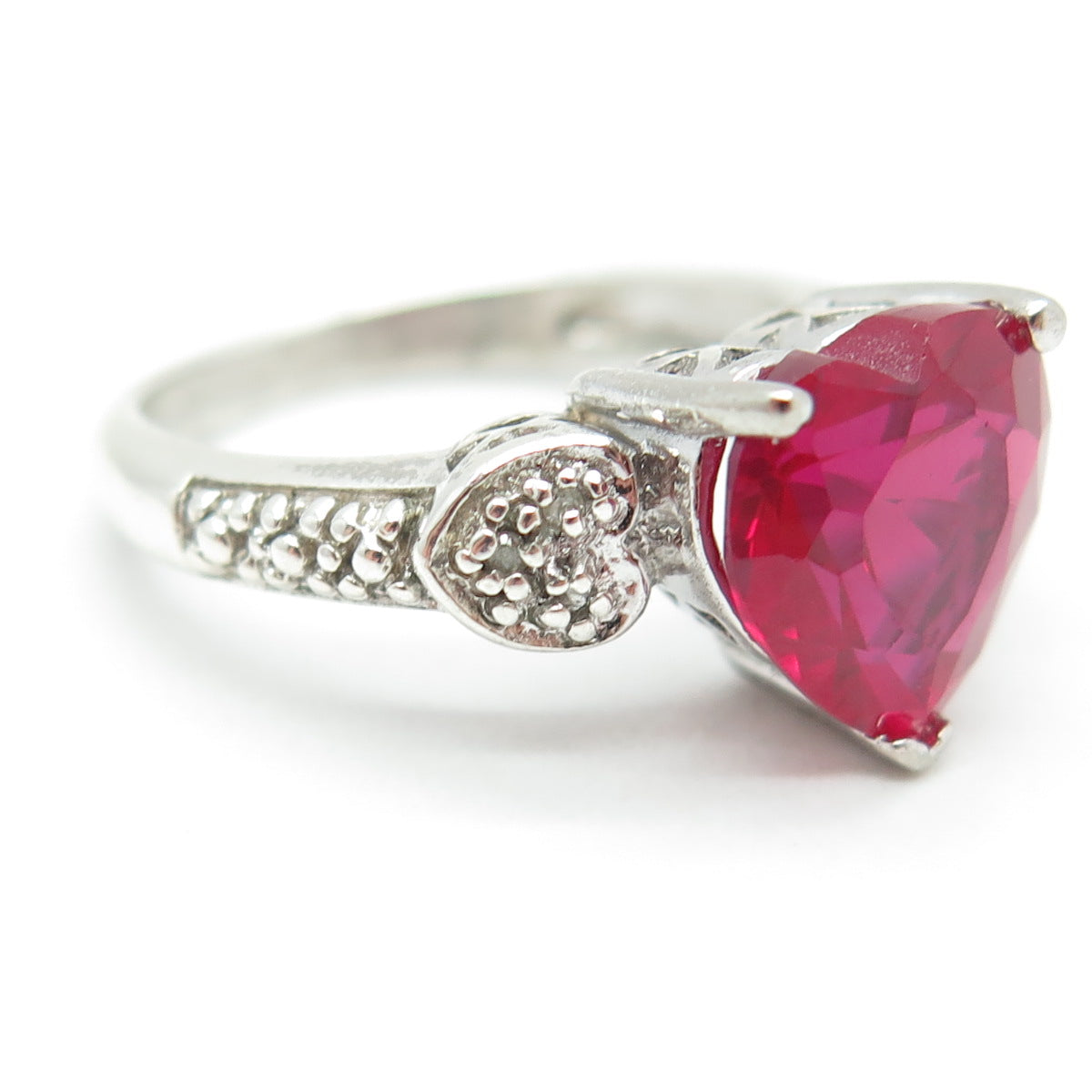 925 Sterling Silver Real Diamond & Lab-Created Ruby Heart Ring Size 7.5