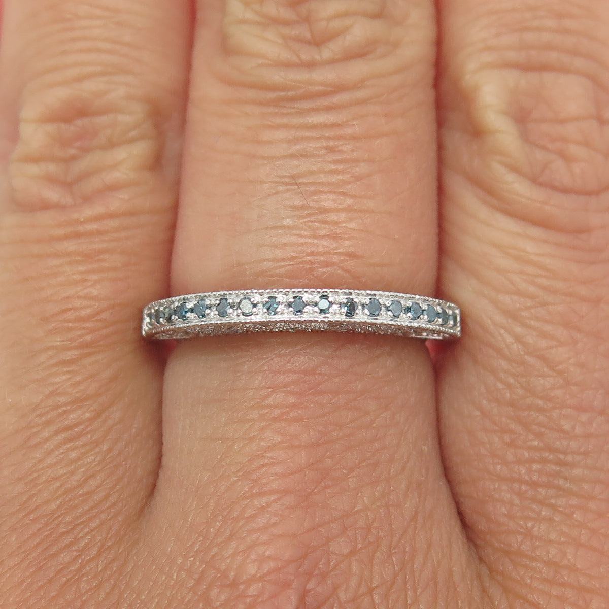 925 Sterling Silver Real Round Fancy Blue Diamond Crescent Stackable Ring Size 7