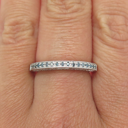 925 Sterling Silver Real Round Fancy Blue Diamond Crescent Stackable Ring Size 7