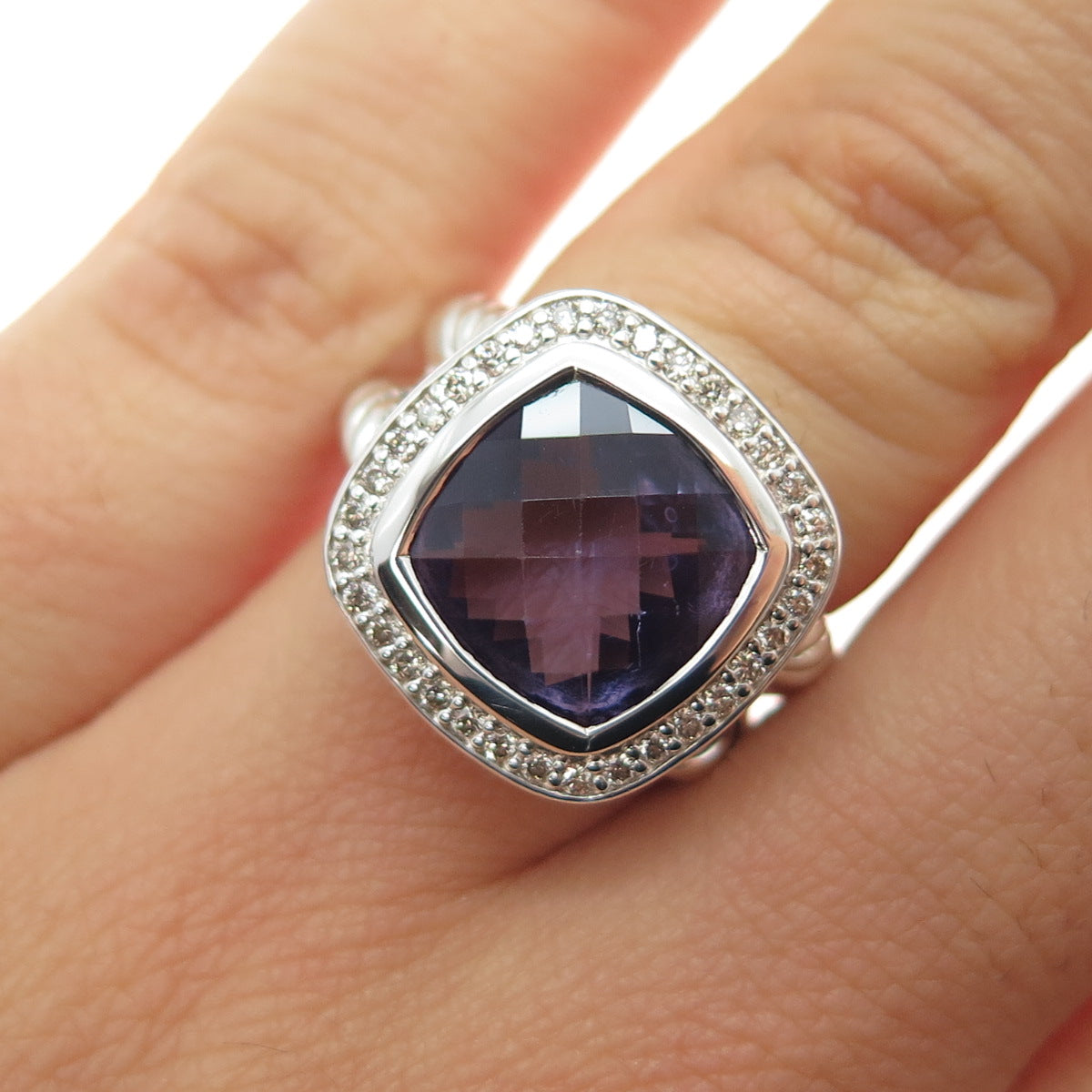 DAVID YURMAN 925 Sterling Silver Vintage Real Diamond & Amethyst Ring Size 6.5