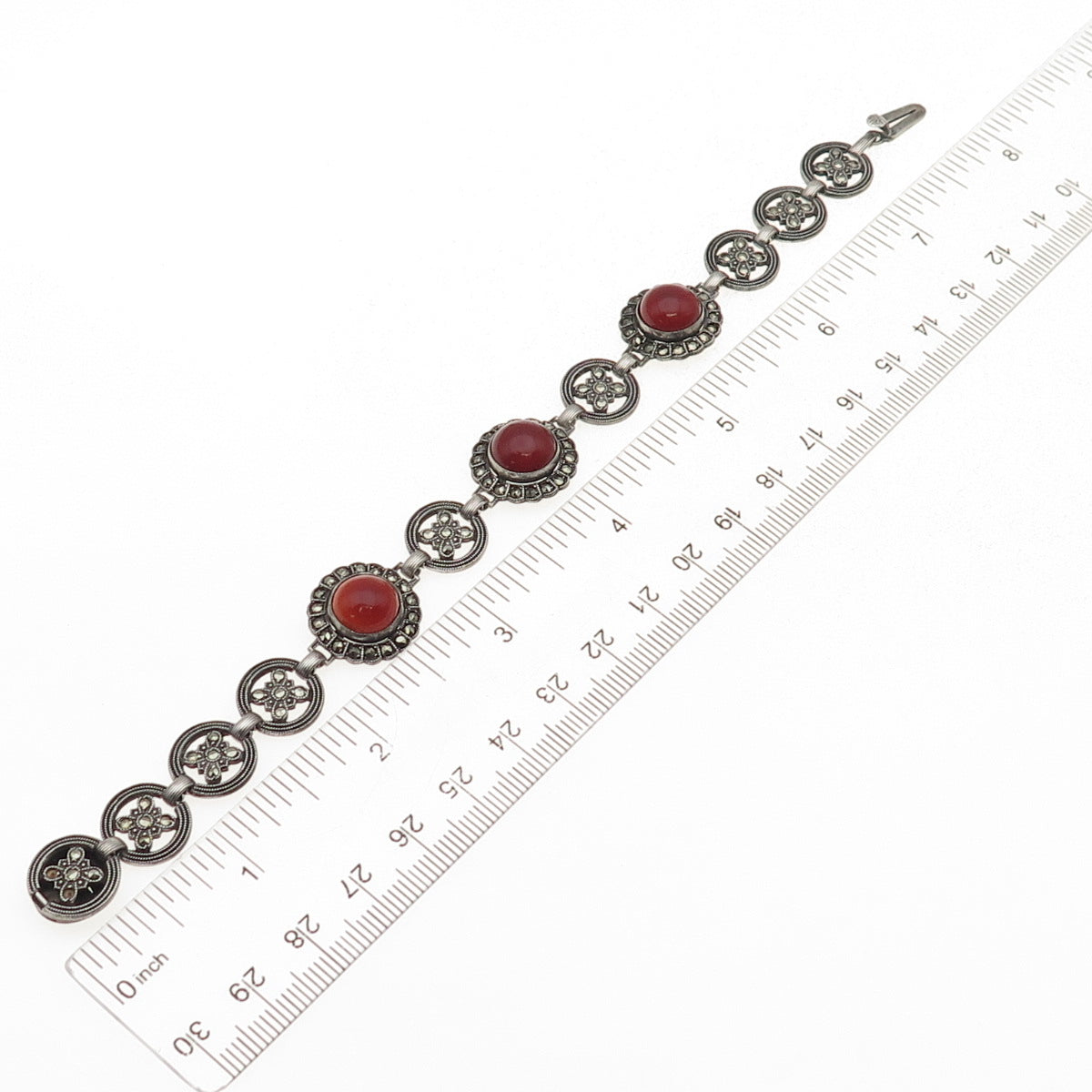 925 Sterling Antique Real Carnelian & Marcasite Bracelet 7.5" (missing 2 stones)
