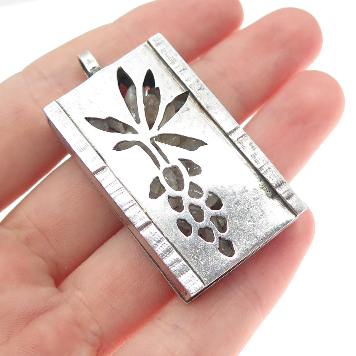 925 Sterling Silver Vintage Real Quartz Grape Shadow Box Oxidized Charm Pendant