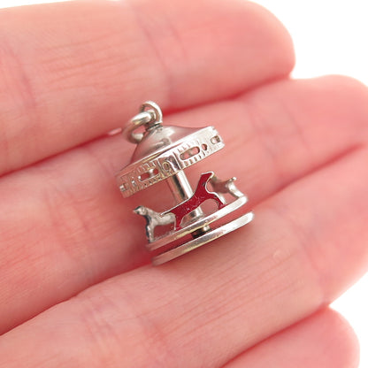 925 Sterling Silver Antique Art Deco Enamel Carousel Movable 3D Mini Pendant