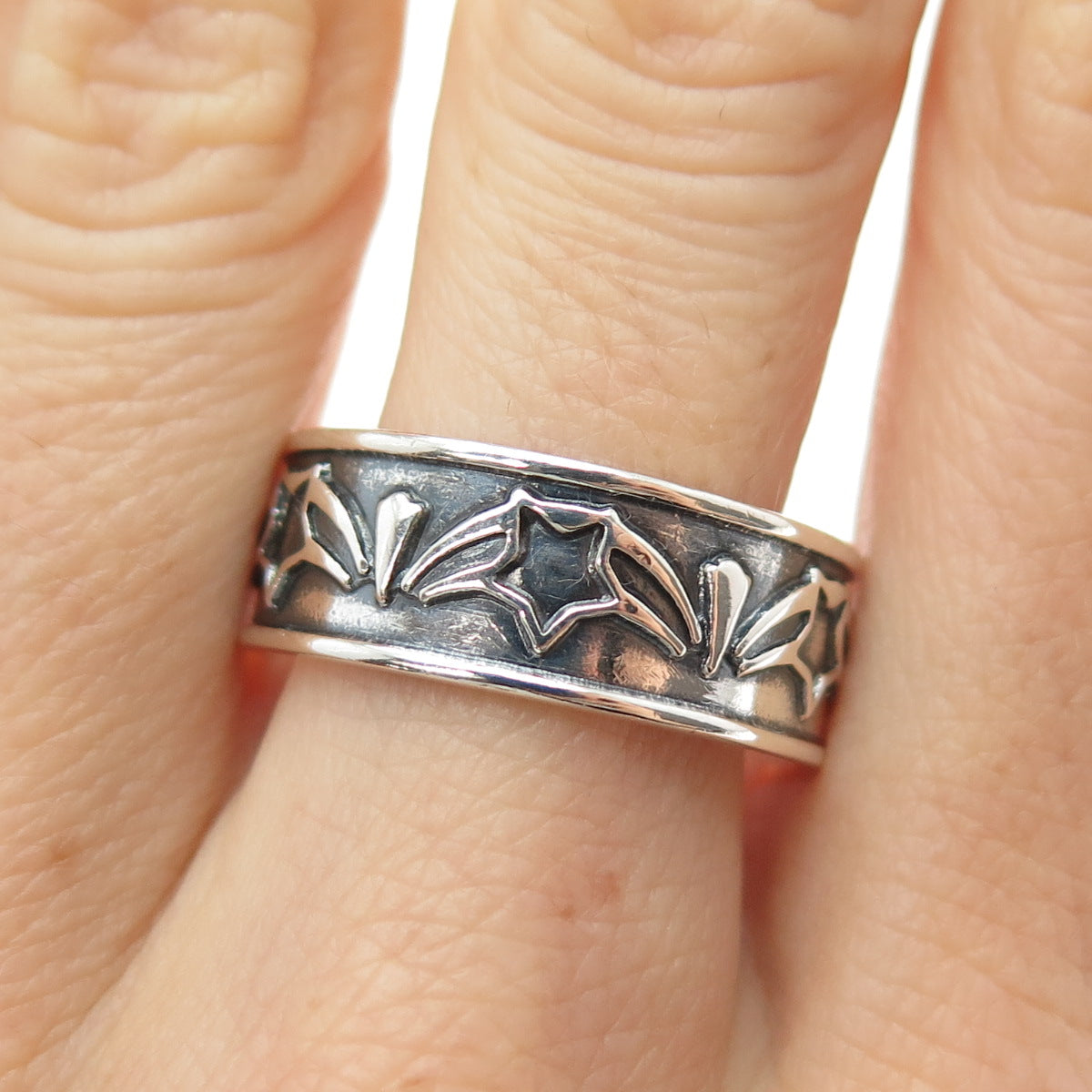 925 Sterling Silver Vintage Mexico Star All Around Oxidized Band Ring Size 10.75