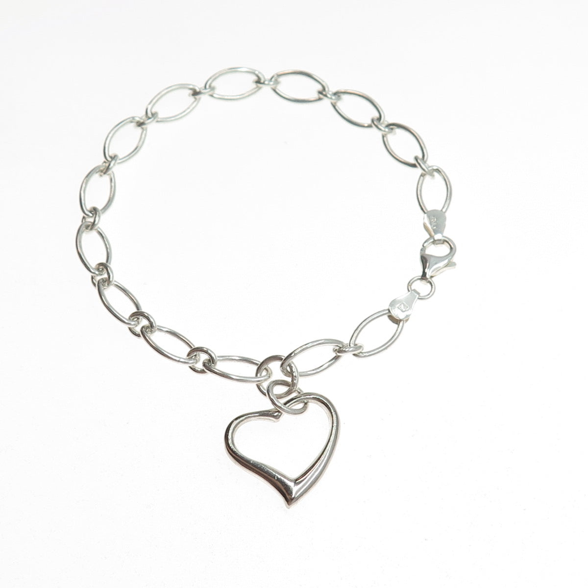925 Sterling Silver Vintage Italy Heart Dangle Charm Oval Link Bracelet 7.25"
