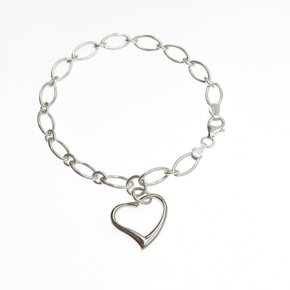 925 Sterling Silver Vintage Italy Heart Dangle Charm Oval Link Bracelet 7.25"