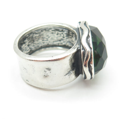 925 Sterling Silver Vintage Checkered Green Glass Dome Ring Size 6.25