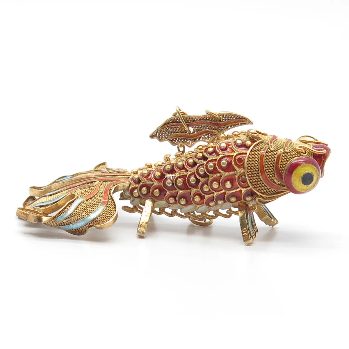 925 Sterling Silver Gold Plated Antique Enamel Chinese Koi Fish Chatelaine Fob