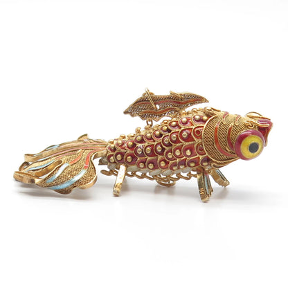 925 Sterling Silver Gold Plated Antique Enamel Chinese Koi Fish Chatelaine Fob